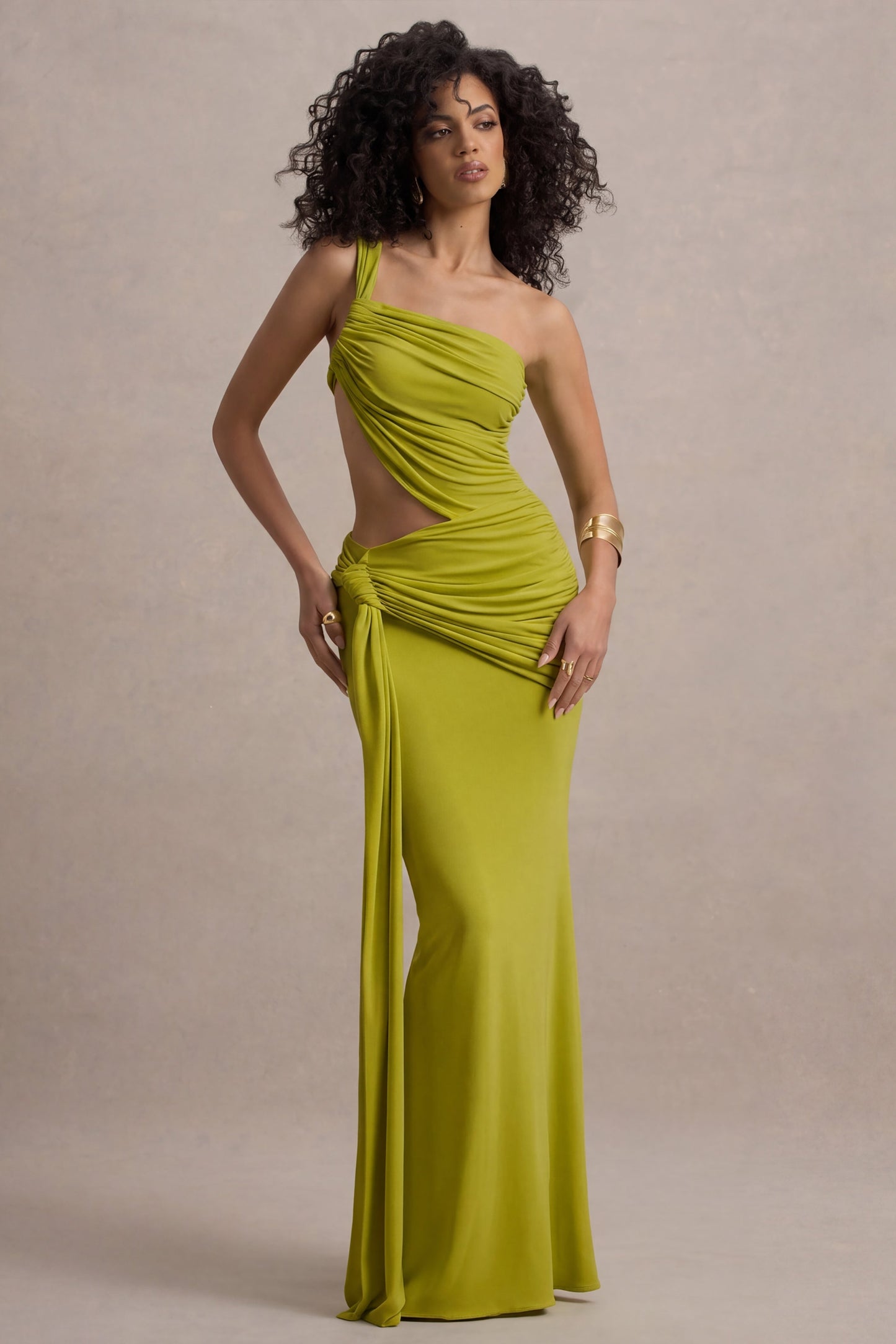 Giovanna | Olive Asymmetric Maxi Dress With Wrap Skirt