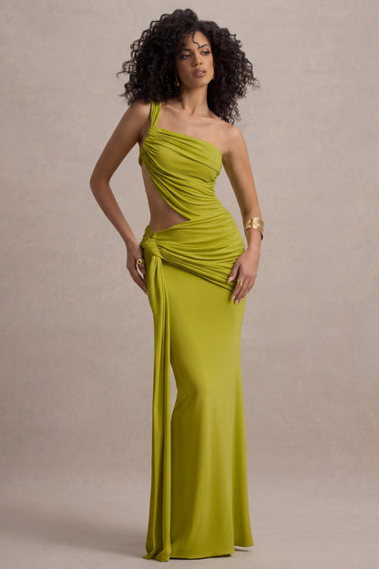 Giovanna | Olive Asymmetric Maxi Dress With Wrap Skirt