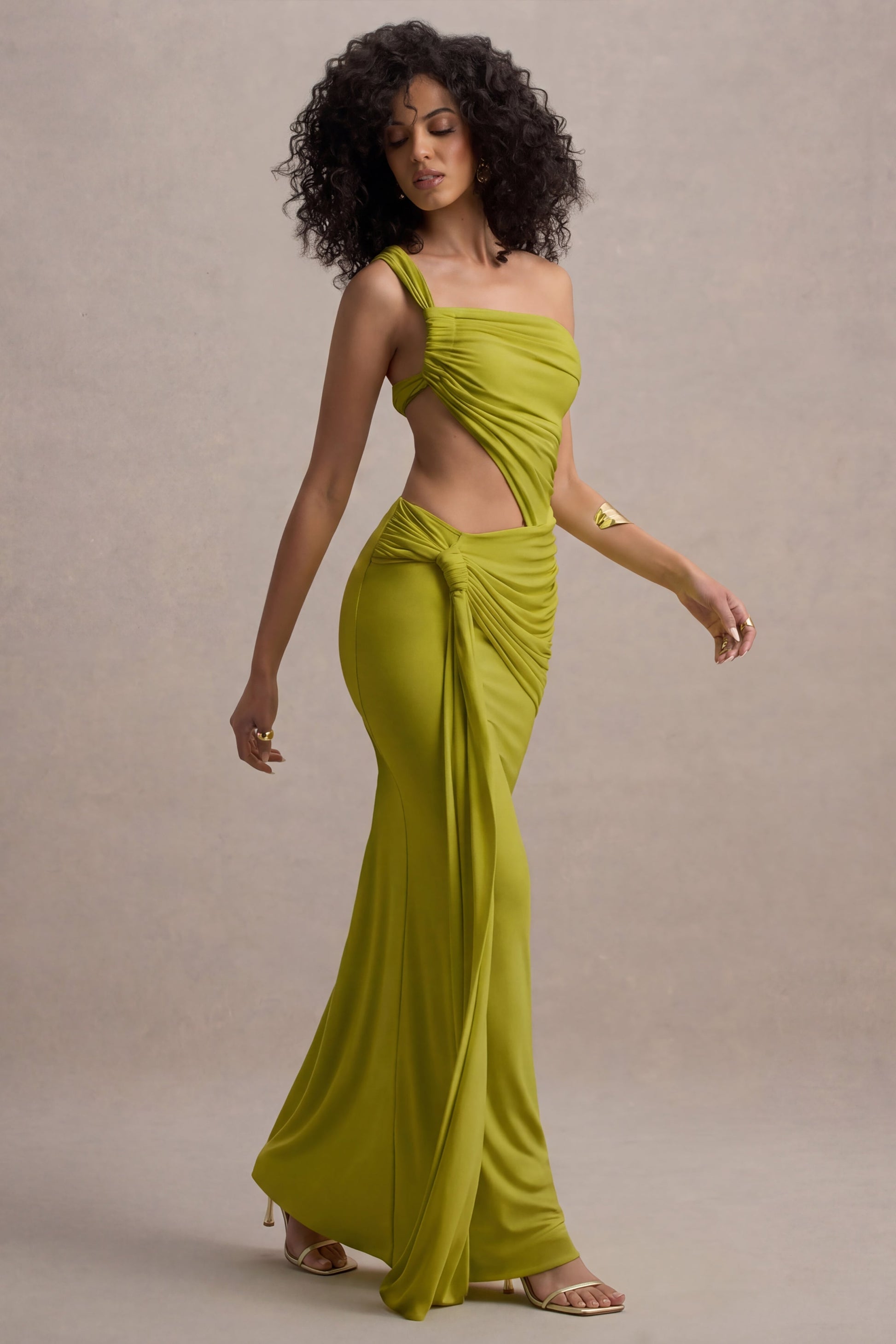 Giovanna | Olive Asymmetric Maxi Dress With Wrap Skirt