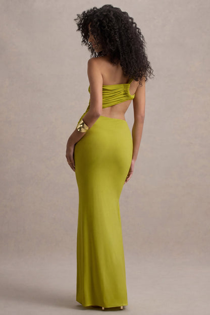 Giovanna | Olive Asymmetric Maxi Dress With Wrap Skirt