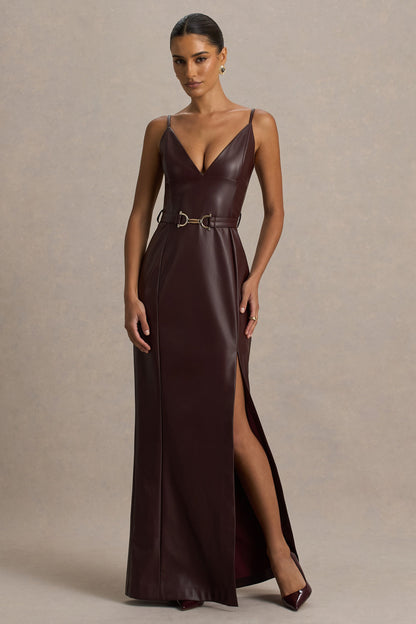 Lila | Burgundy Faux Leather Plunge-Neck Maxi Dress With Split