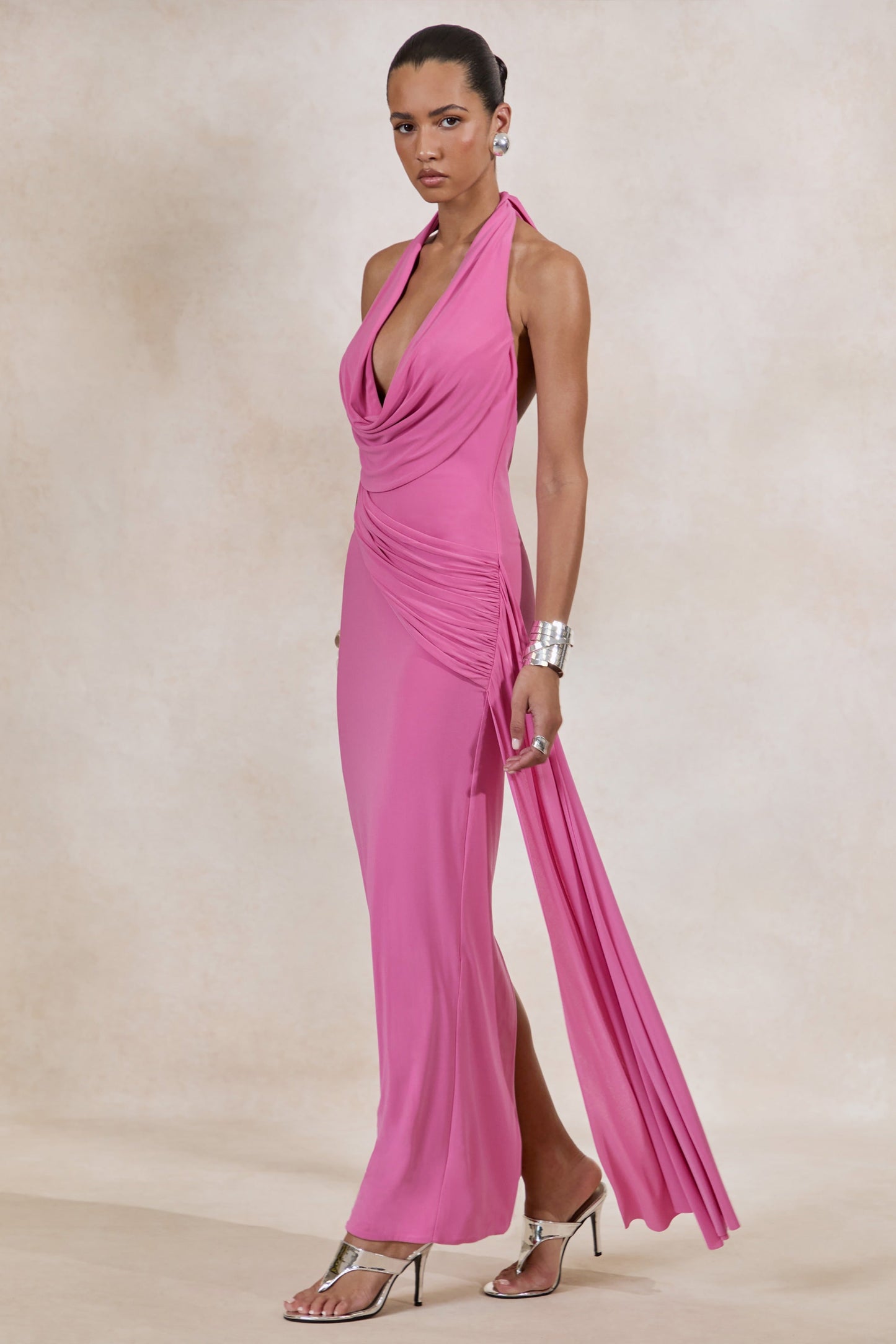 Maude | Pink Plunge-Neck Ruched Maxi Dress With Sash