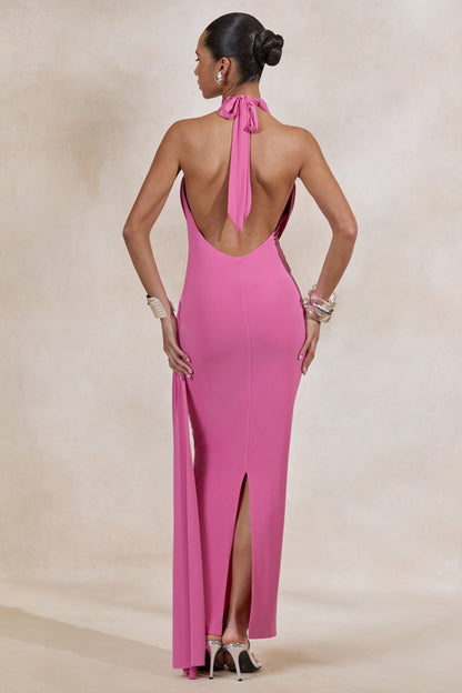 Maude | Pink Plunge-Neck Ruched Maxi Dress With Sash