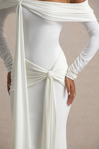 Jovie | White Bardot Wrap Maxi Dress With Sash Detail