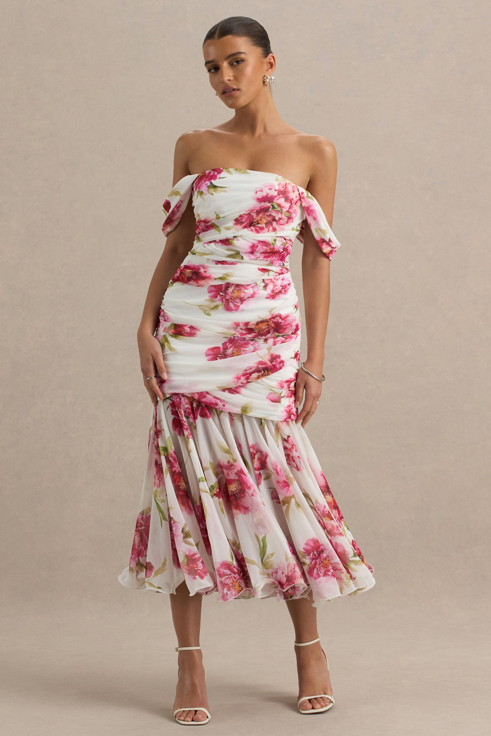 Madelyn | Cream Floral Print Short-Sleeve Bardot Wrap Maxi Dress With Ruching
