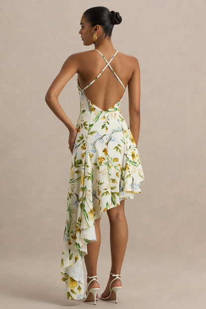 Glint | Lemon Floral Print Satin Plunge-Neck Maxi Dress With Asymmetric Hem
