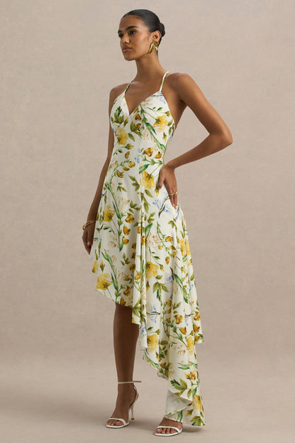 Glint | Lemon Floral Print Satin Plunge-Neck Maxi Dress With Asymmetric Hem
