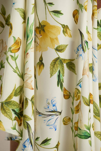 Glint | Lemon Floral Print Satin Plunge-Neck Maxi Dress With Asymmetric Hem