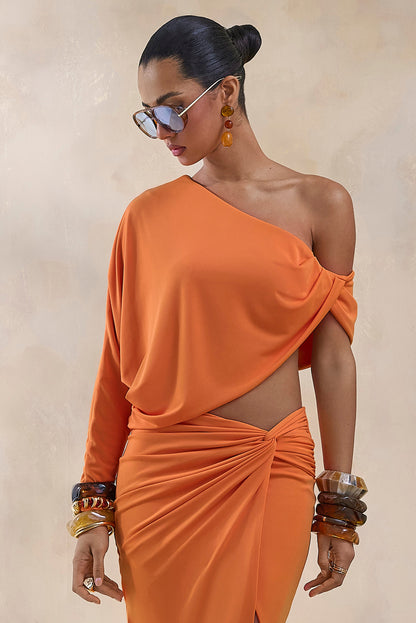 Dua | Orange Asymmetric One-Sleeve Draped Top