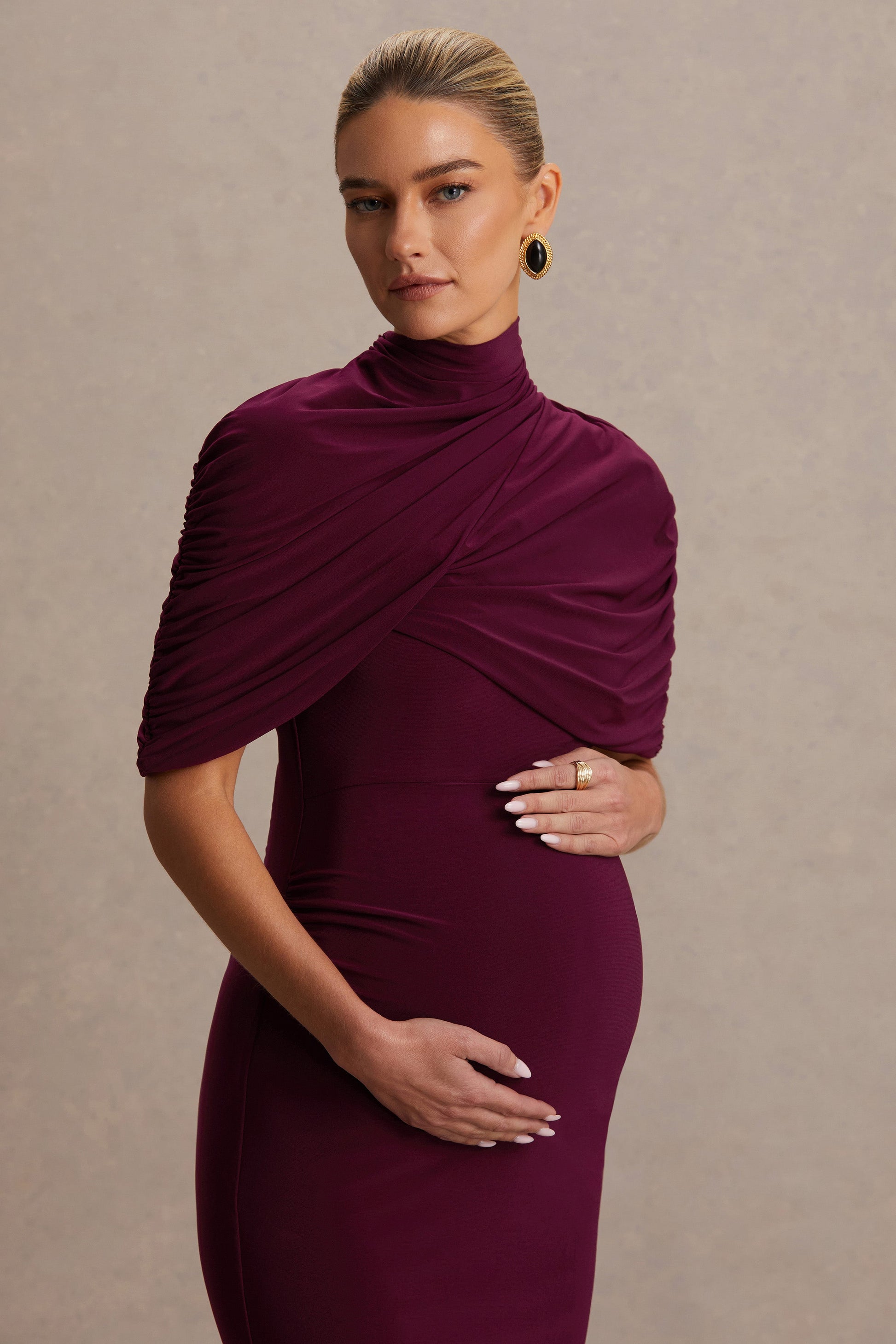 Augustina | Burgundy Maternity Midi Dress With Cape