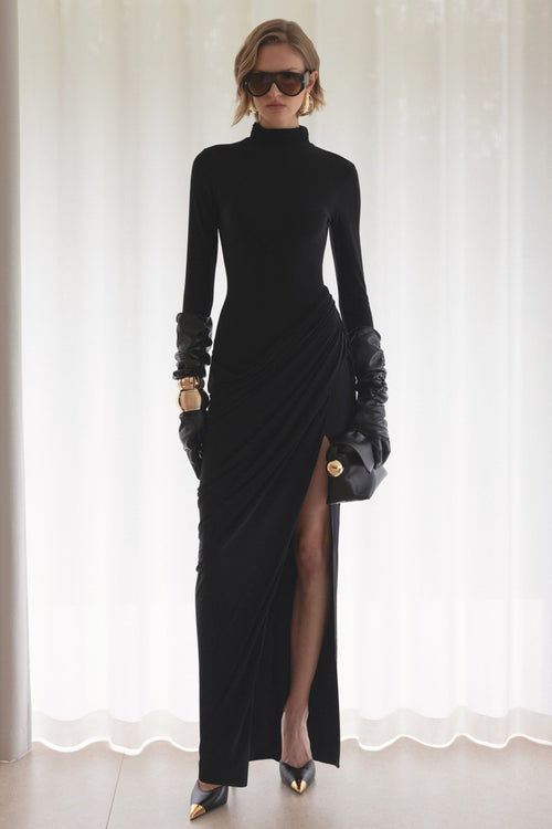 Betsy | Black High-Neck Maxi Dress With Front Split And Ruched Detailing