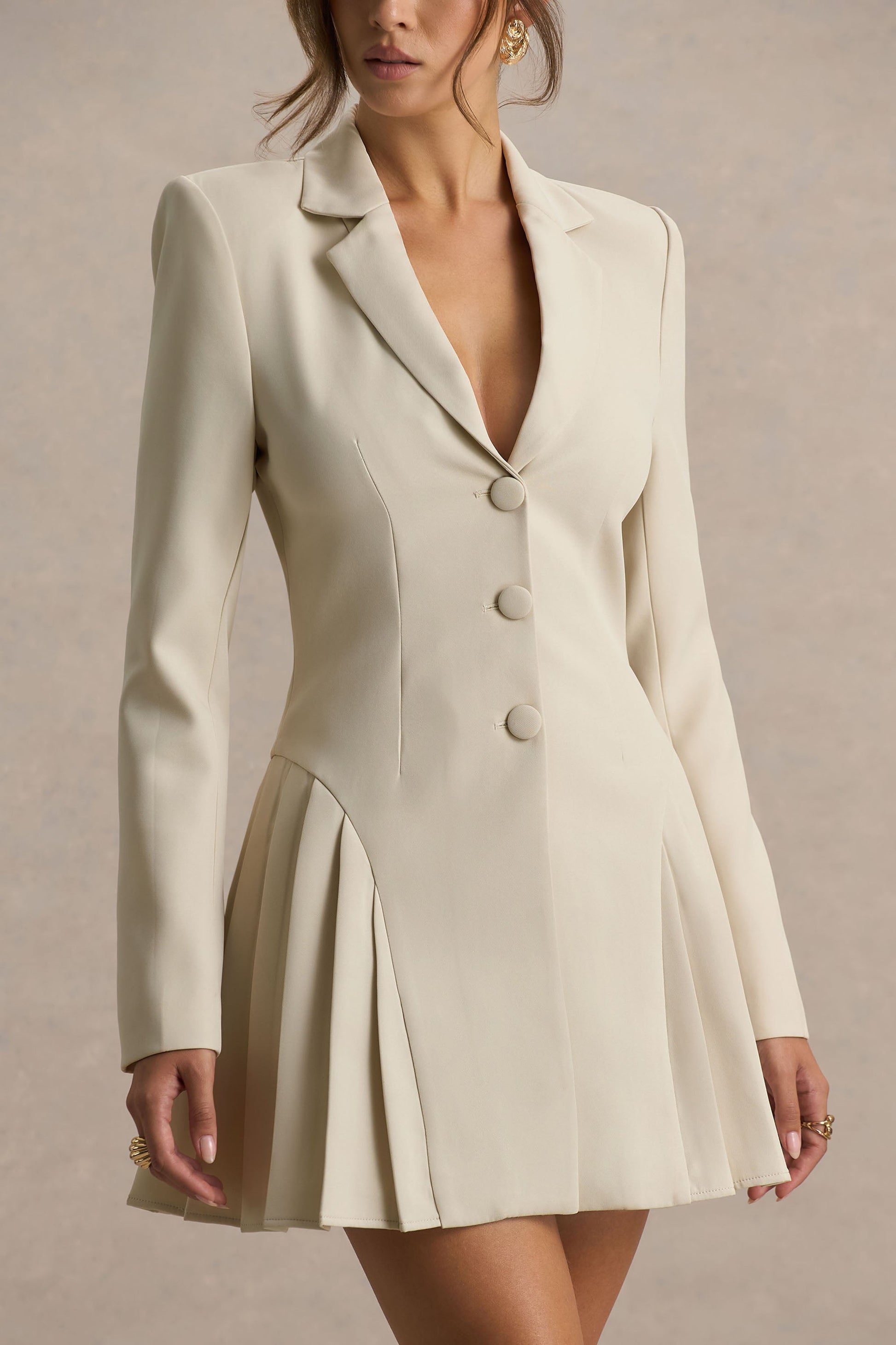 Blossoming | Nude Plunge-Neck Tailored Mini Dress With Pleating