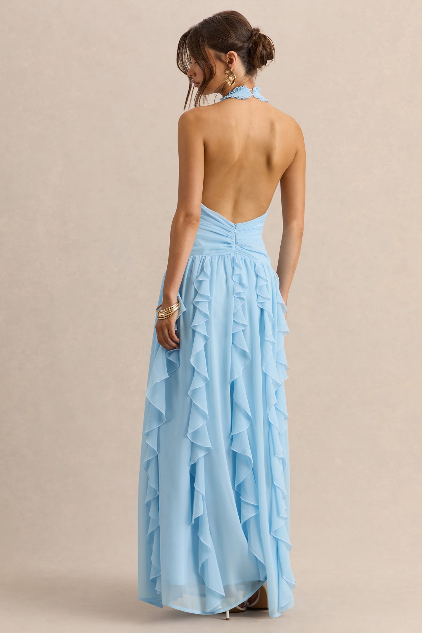 Bea | Powder Blue Plunge-Neck Ruffled Maxi Dress
