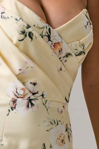 Fierce | Lemon Print Asymmetric Ruched Maxi Dress