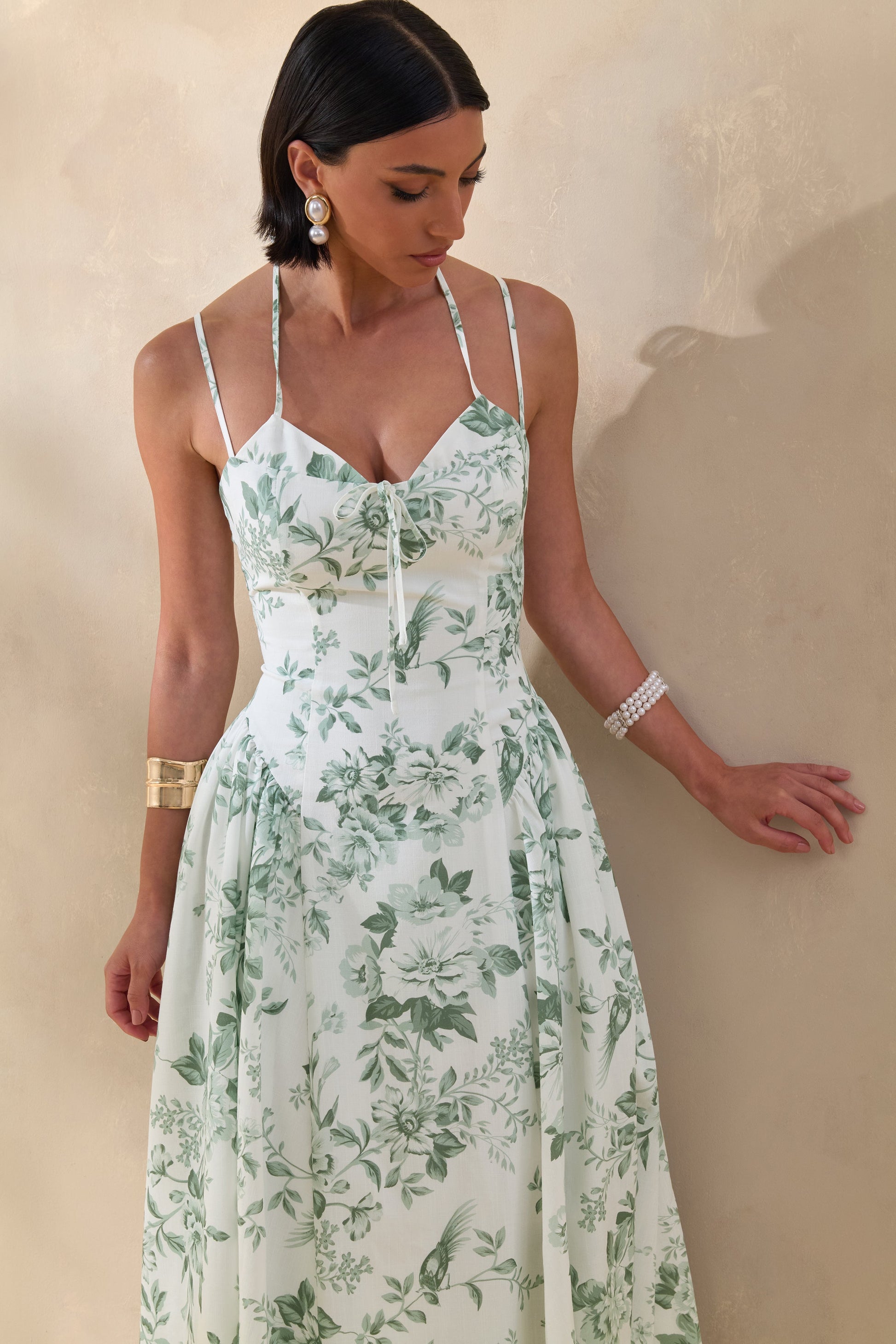 Audrey | Green Floral Print Sweetheart-Neck Midi Dress With Ruching Detail
