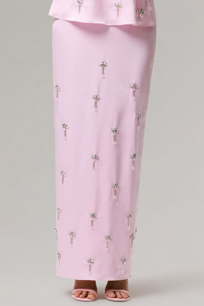 Lena | Pink Satin Embellished Maxi Skirt