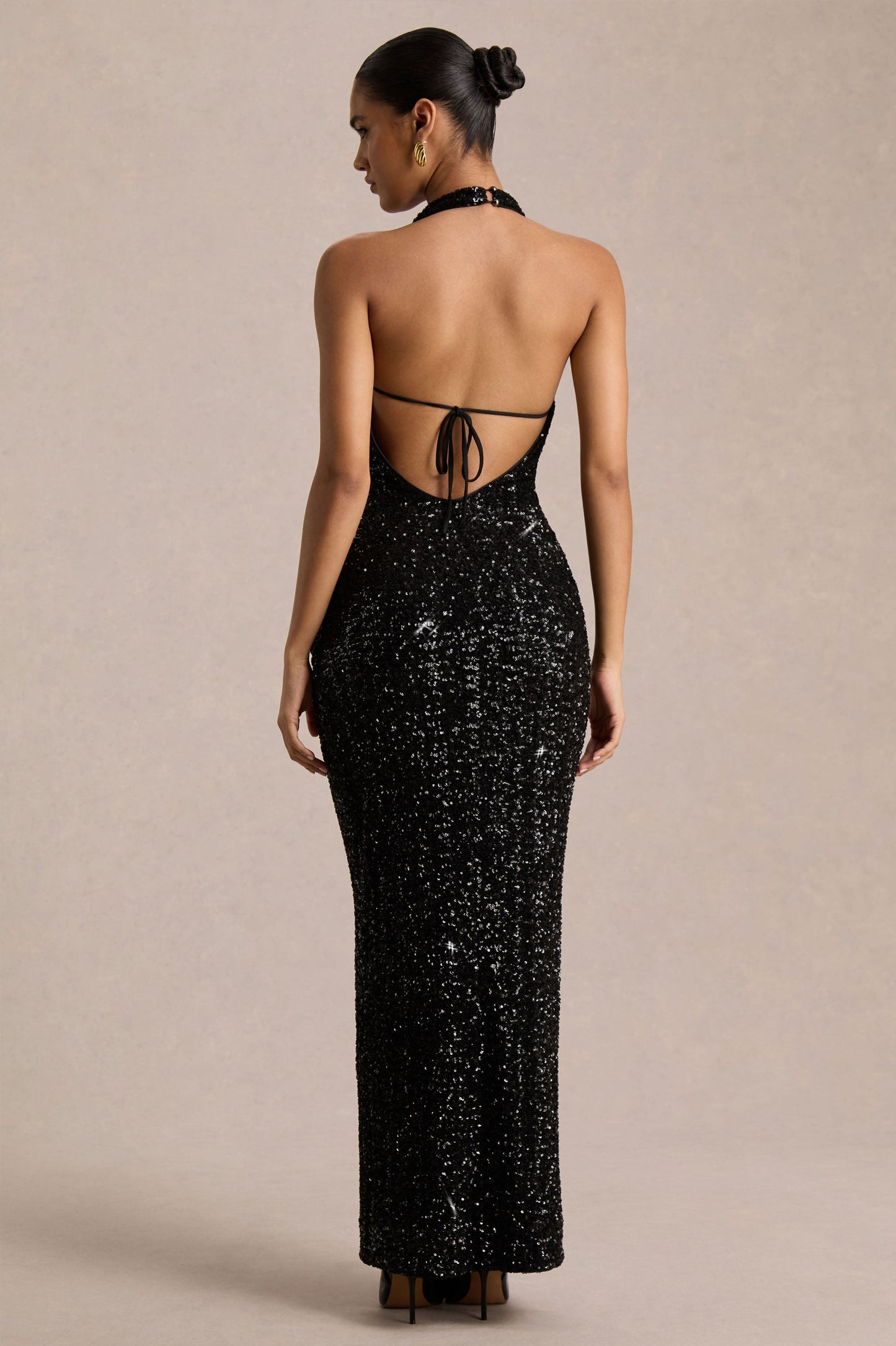 Gio | Black Sequin Plunge-Neck Wrap Maxi Dress With Ruched Detailing And Front Split