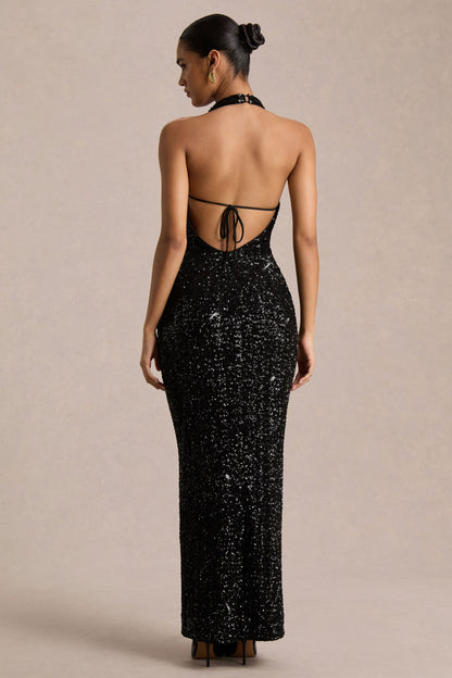 Gio | Black Sequin Plunge-Neck Wrap Maxi Dress With Ruched Detailing And Front Split