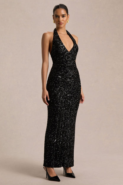 Gio | Black Sequin Plunge-Neck Wrap Maxi Dress With Ruched Detailing And Front Split