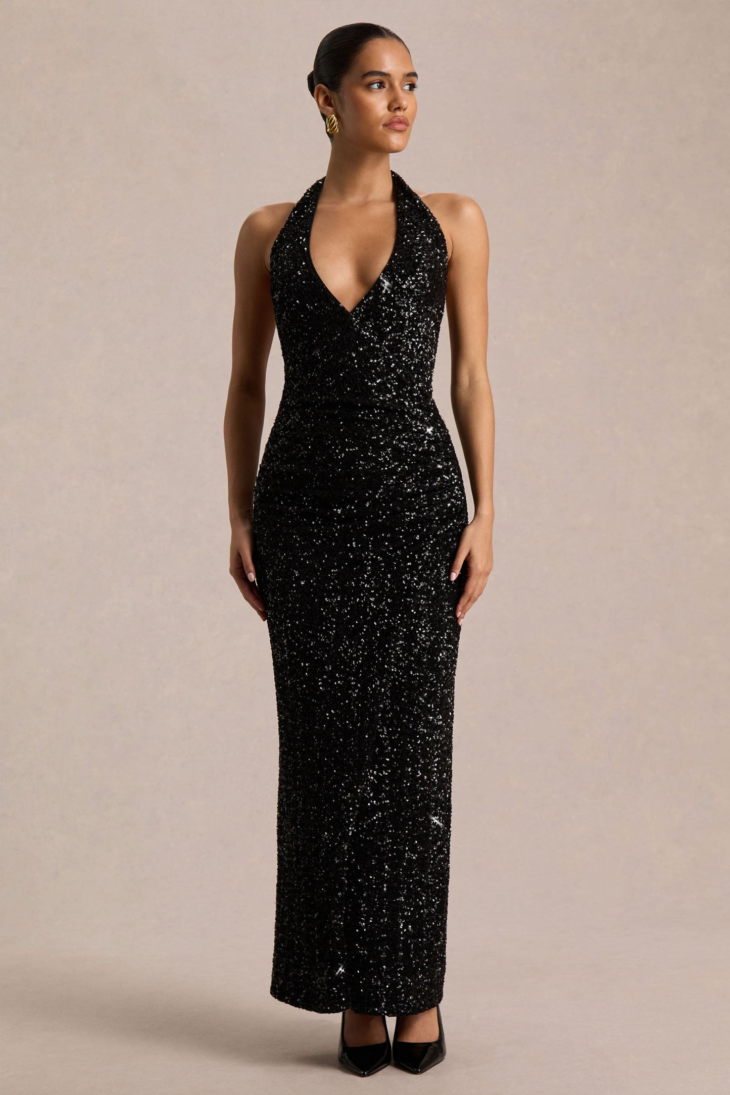 Gio | Black Sequin Plunge-Neck Wrap Maxi Dress With Ruched Detailing And Front Split