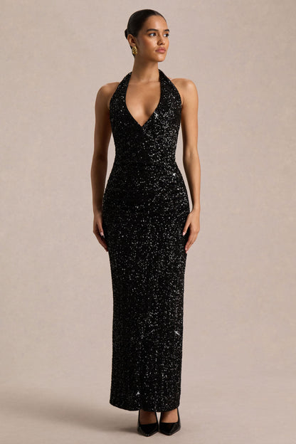 Gio | Black Sequin Plunge-Neck Wrap Maxi Dress With Ruched Detailing And Front Split