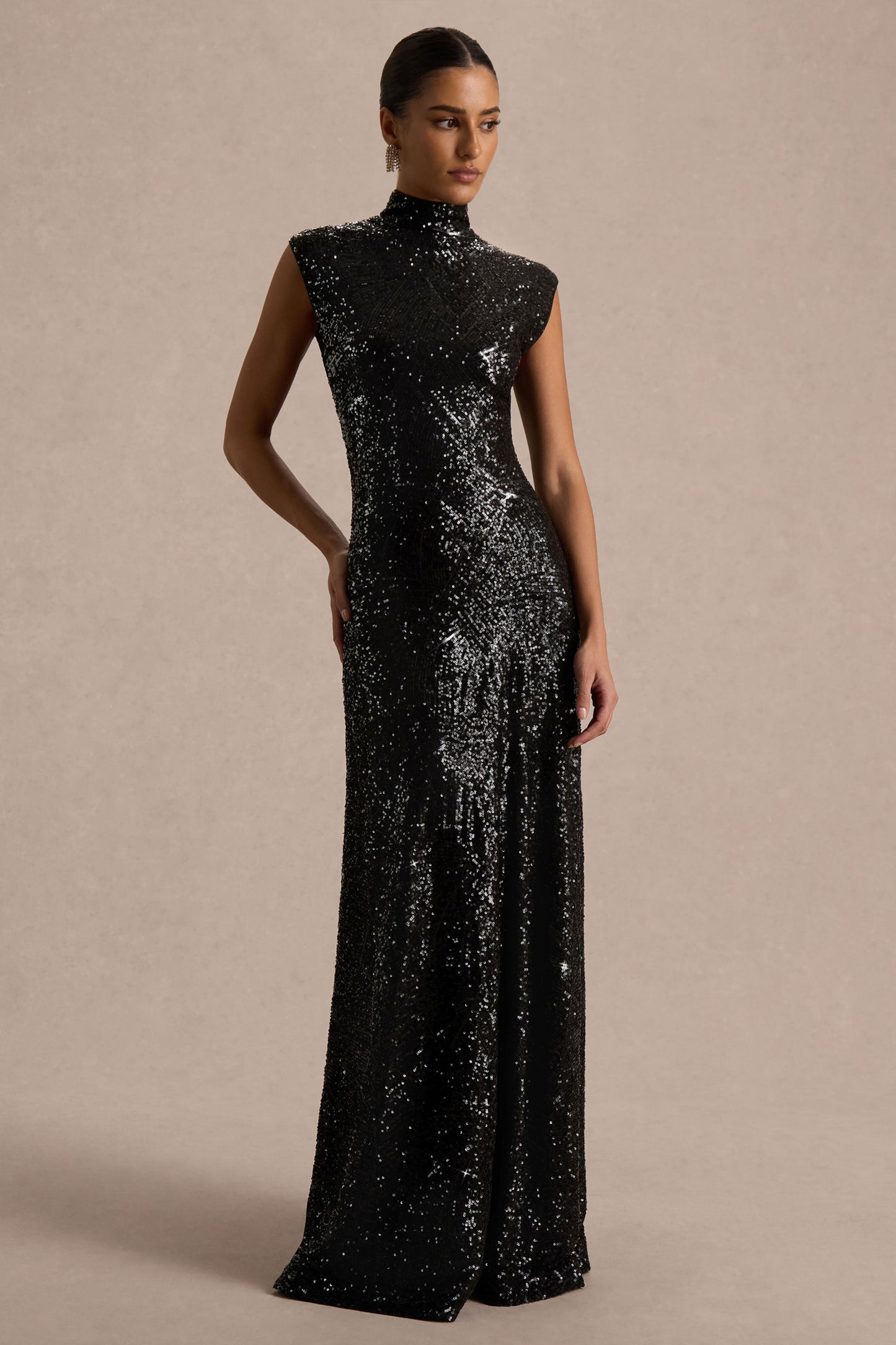 Cecy | Black Sequin High-Neck Maxi Dress With Cap Sleeves
