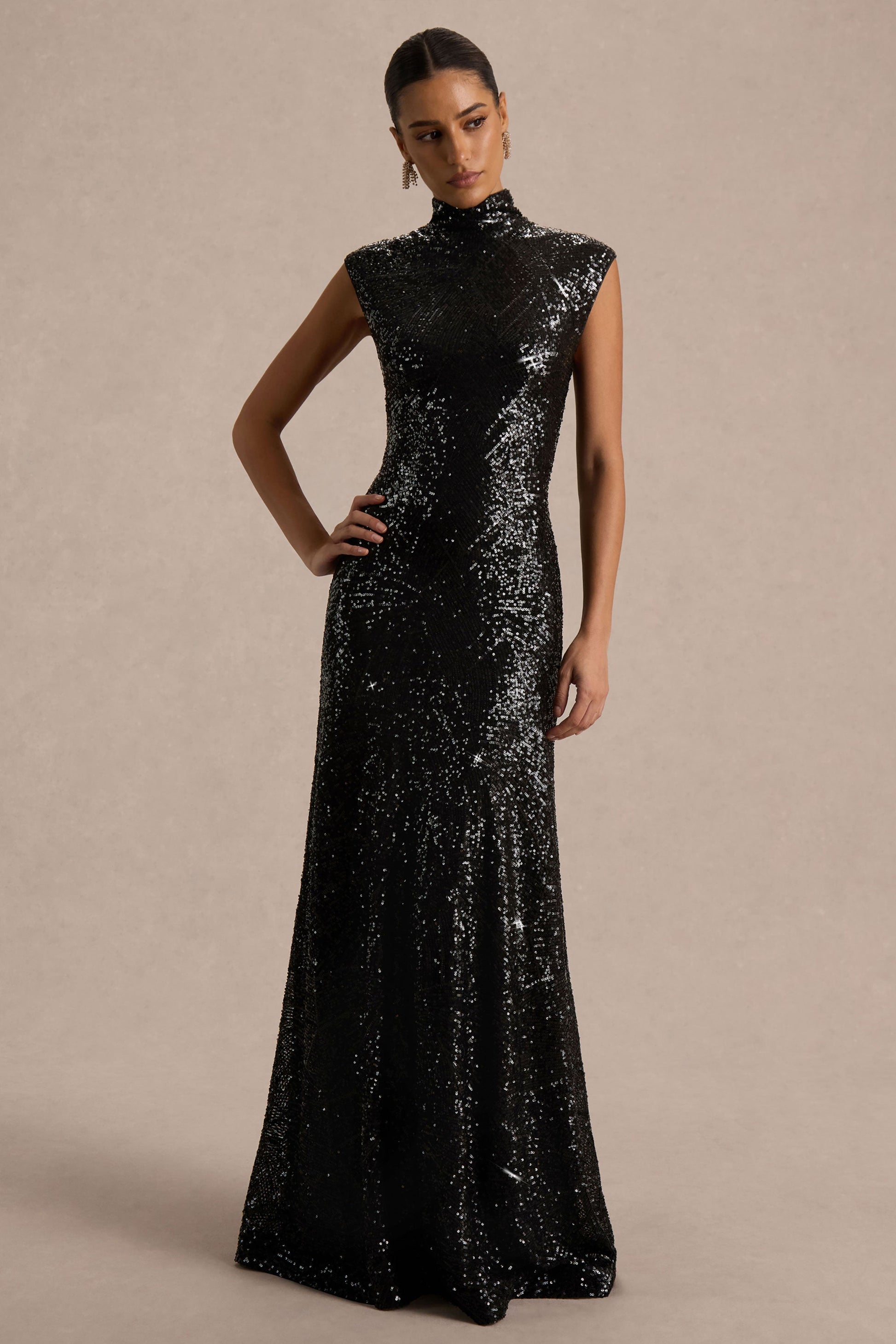 Cecy | Black Sequin High-Neck Maxi Dress With Cap Sleeves