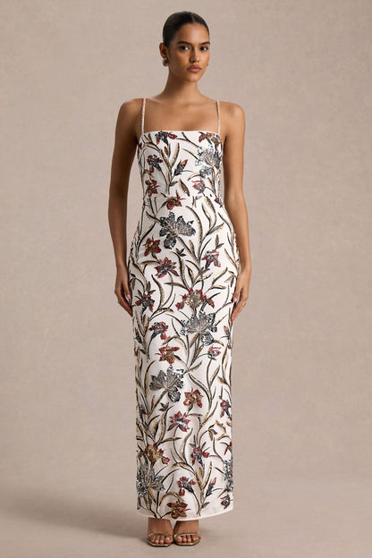 Kyle | Cream Sequin Floral Embellished Square-Neck Maxi Dress