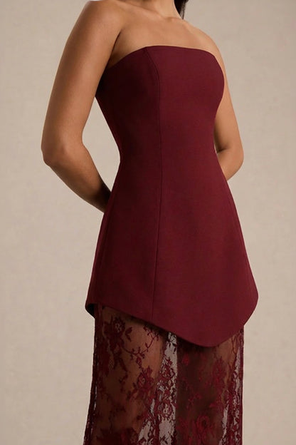 Brandi | Burgundy Bandeau Maxi Dress With Lace Skirt