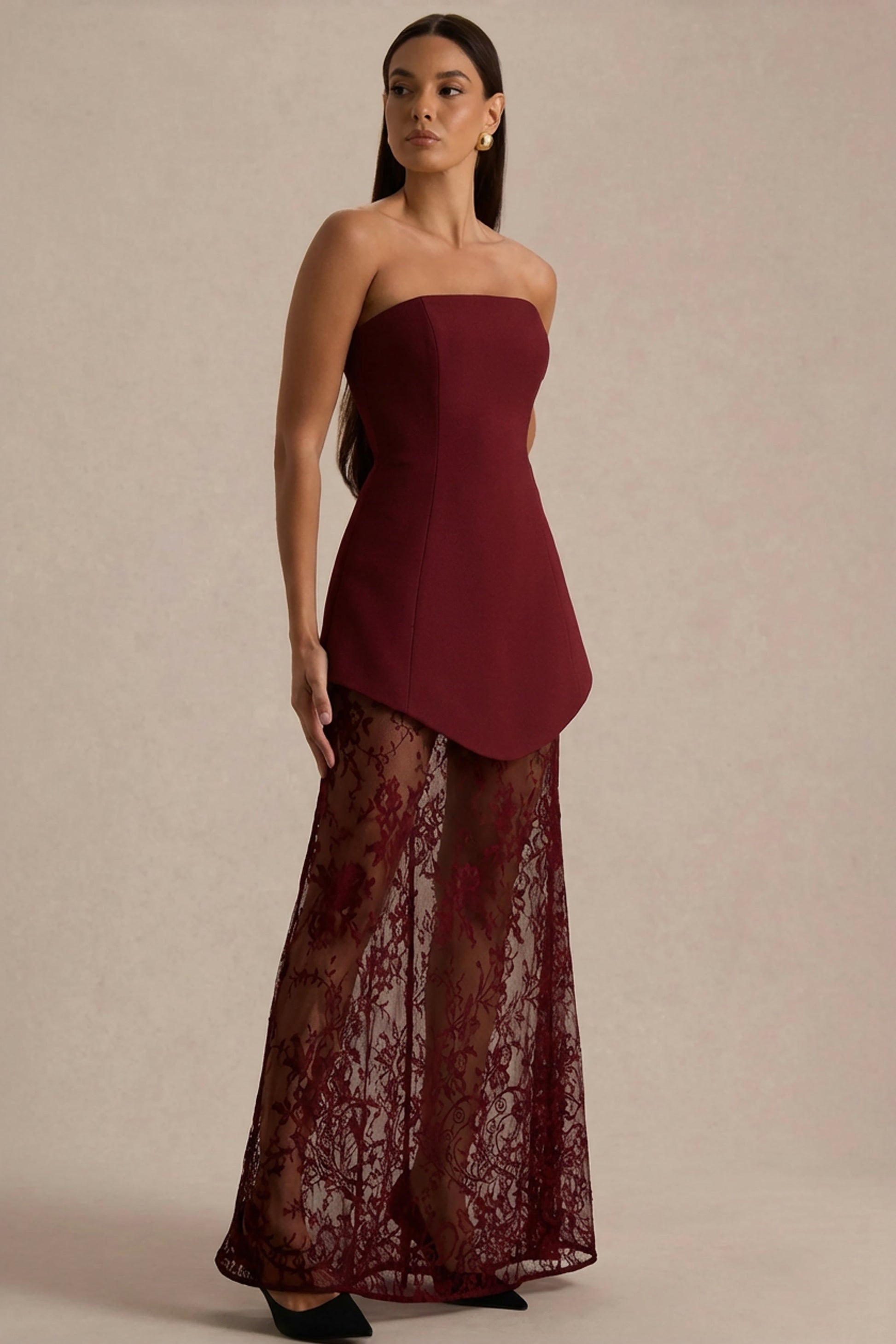 Brandi | Burgundy Bandeau Maxi Dress With Lace Skirt