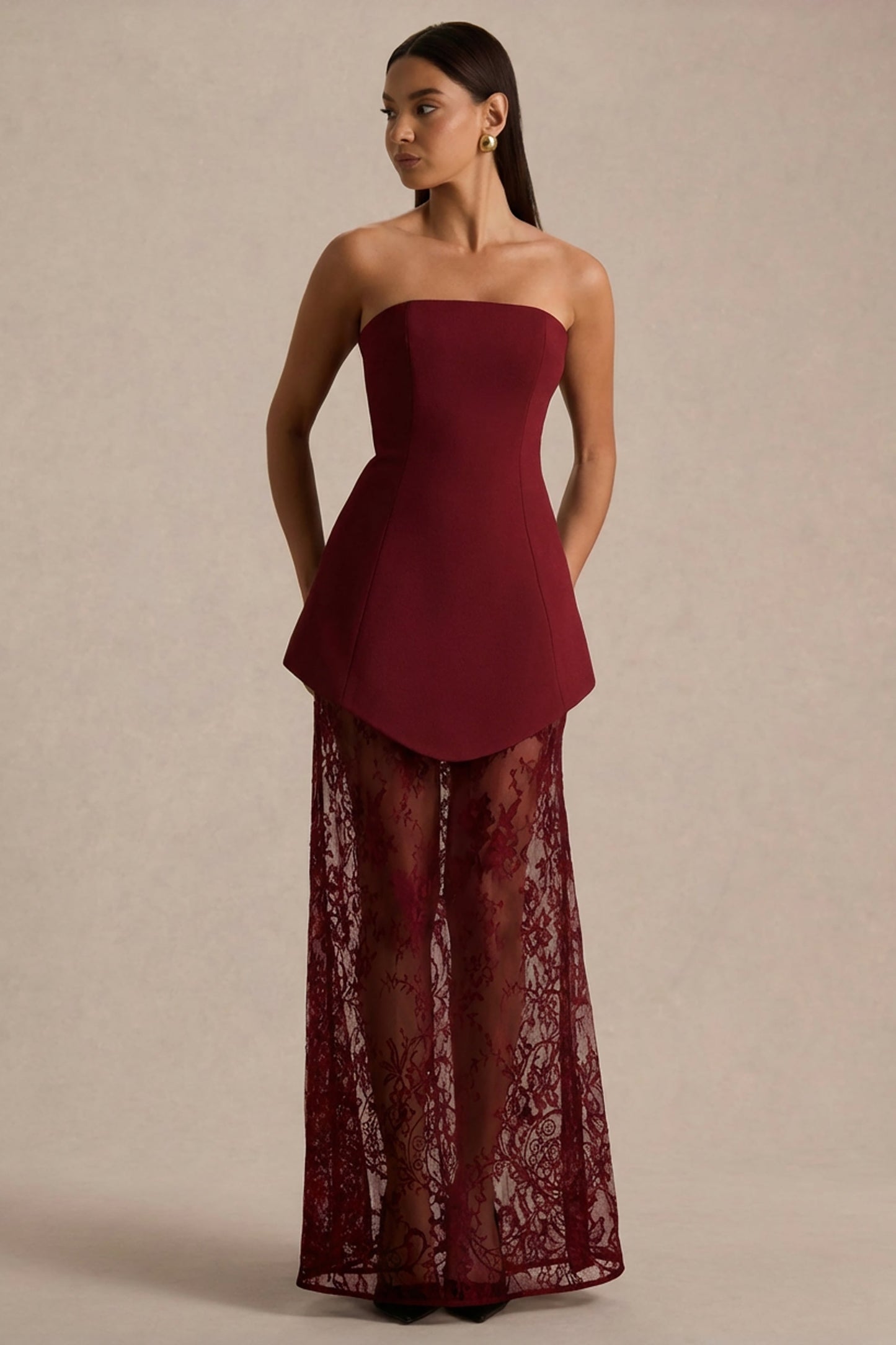 Brandi | Burgundy Bandeau Maxi Dress With Lace Skirt
