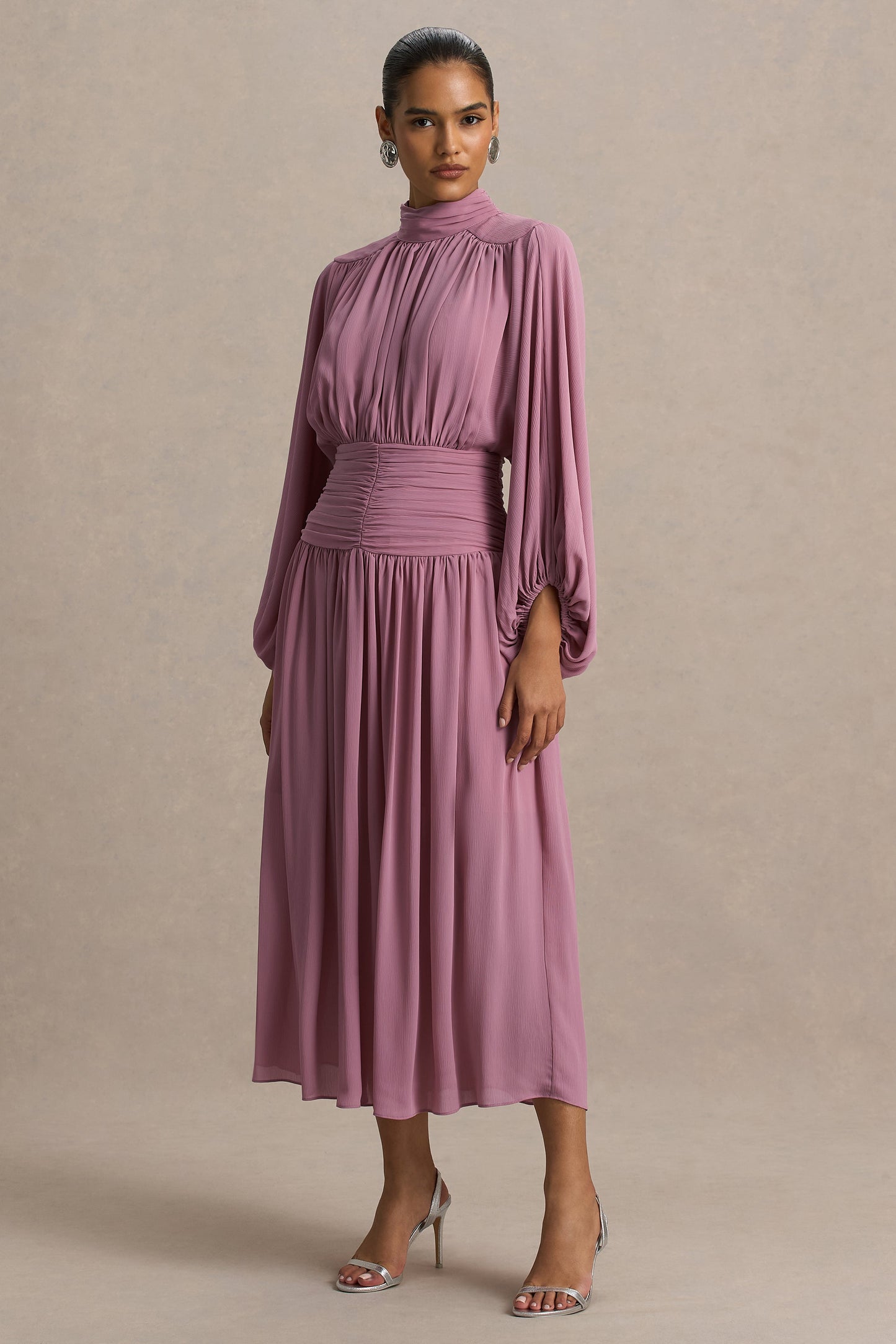 Annabel | Dusty Pink High-Neck Midi Dress With Pleating