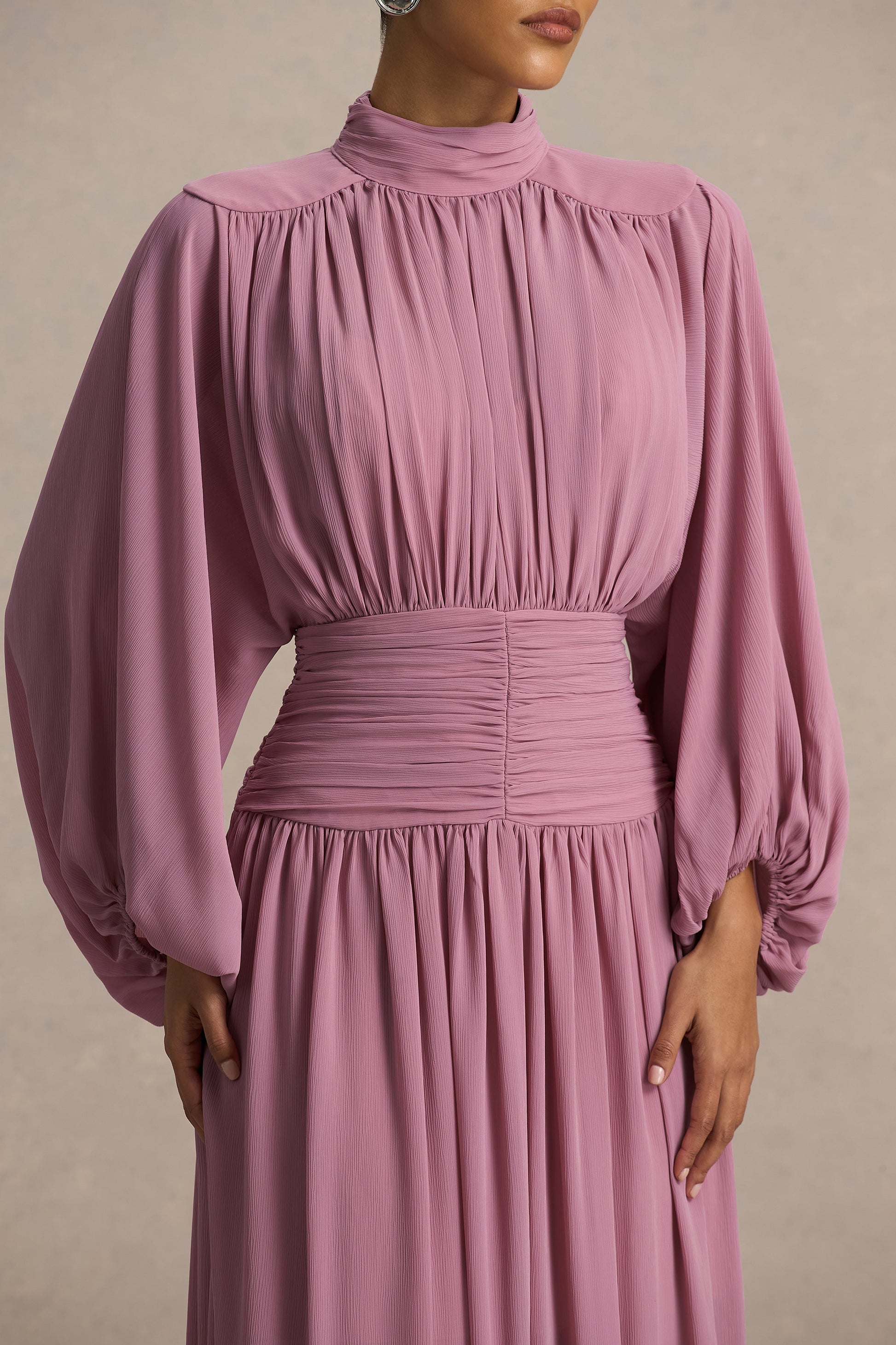 Annabel | Dusty Pink High-Neck Midi Dress With Pleating