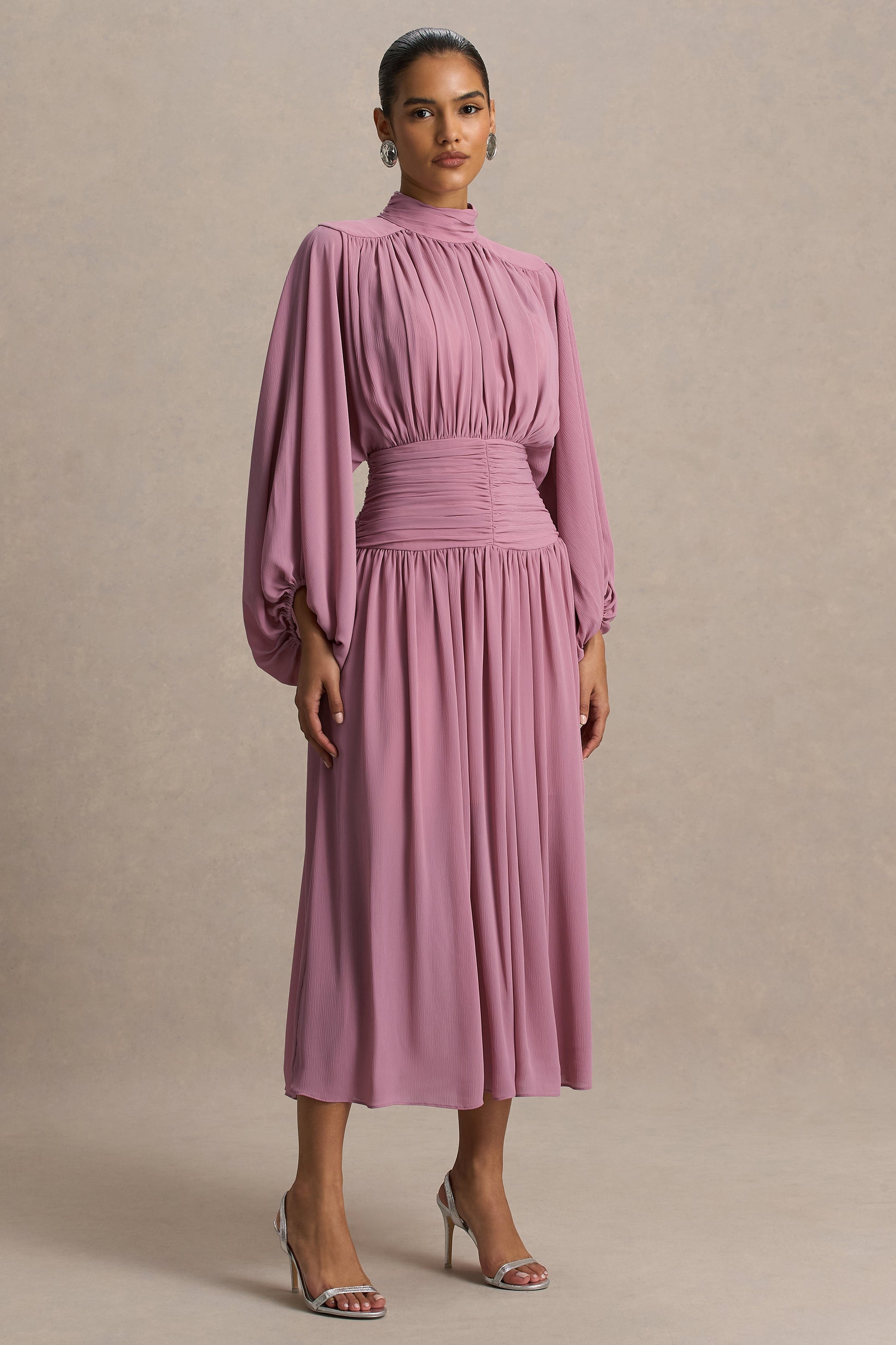 Annabel | Dusty Pink High-Neck Midi Dress With Pleating