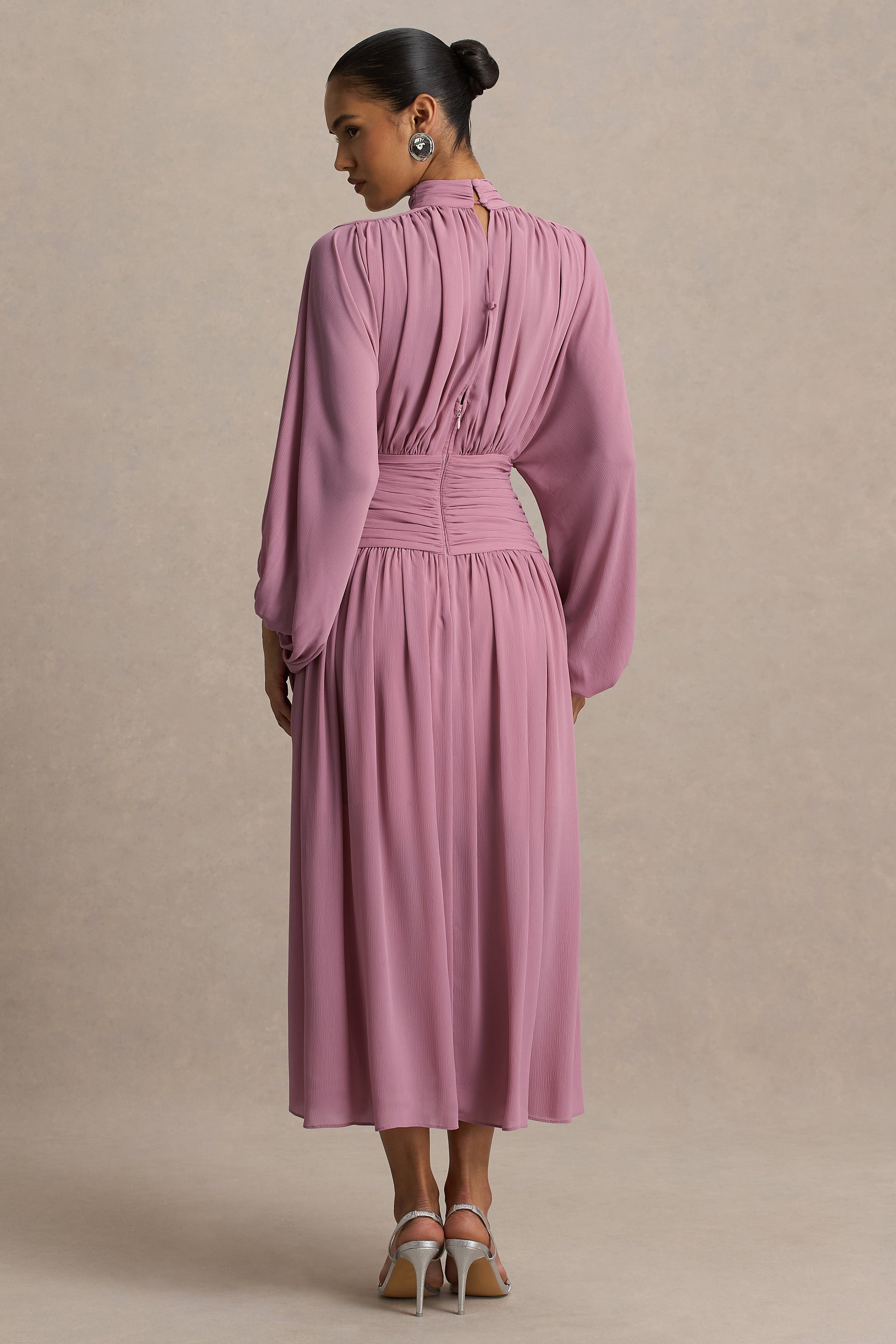 Annabel | Dusty Pink High-Neck Midi Dress With Pleating
