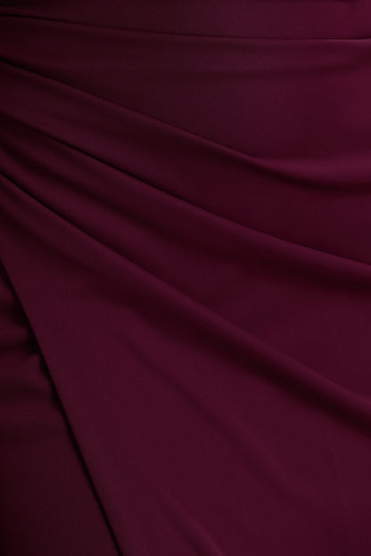 Lola | Burgundy Asymmetric-Neck Maxi Dress With Ruched Detailing And Front High-Split