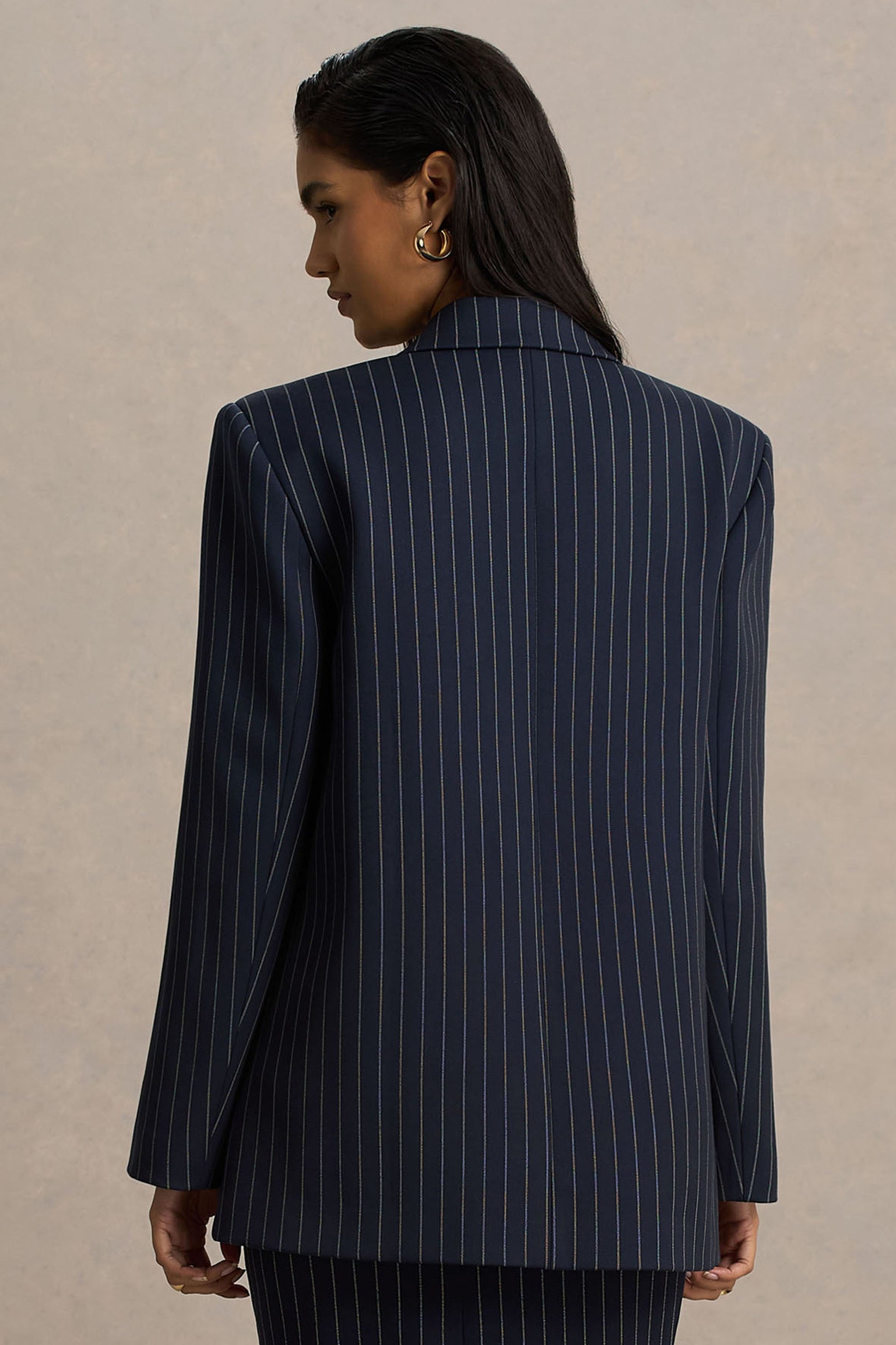 Alana | Navy Pinstripe Plunge-Neck Oversized Blazer