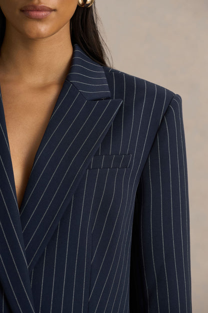 Alana | Navy Pinstripe Plunge-Neck Oversized Blazer