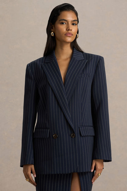 Alana | Navy Pinstripe Plunge-Neck Oversized Blazer