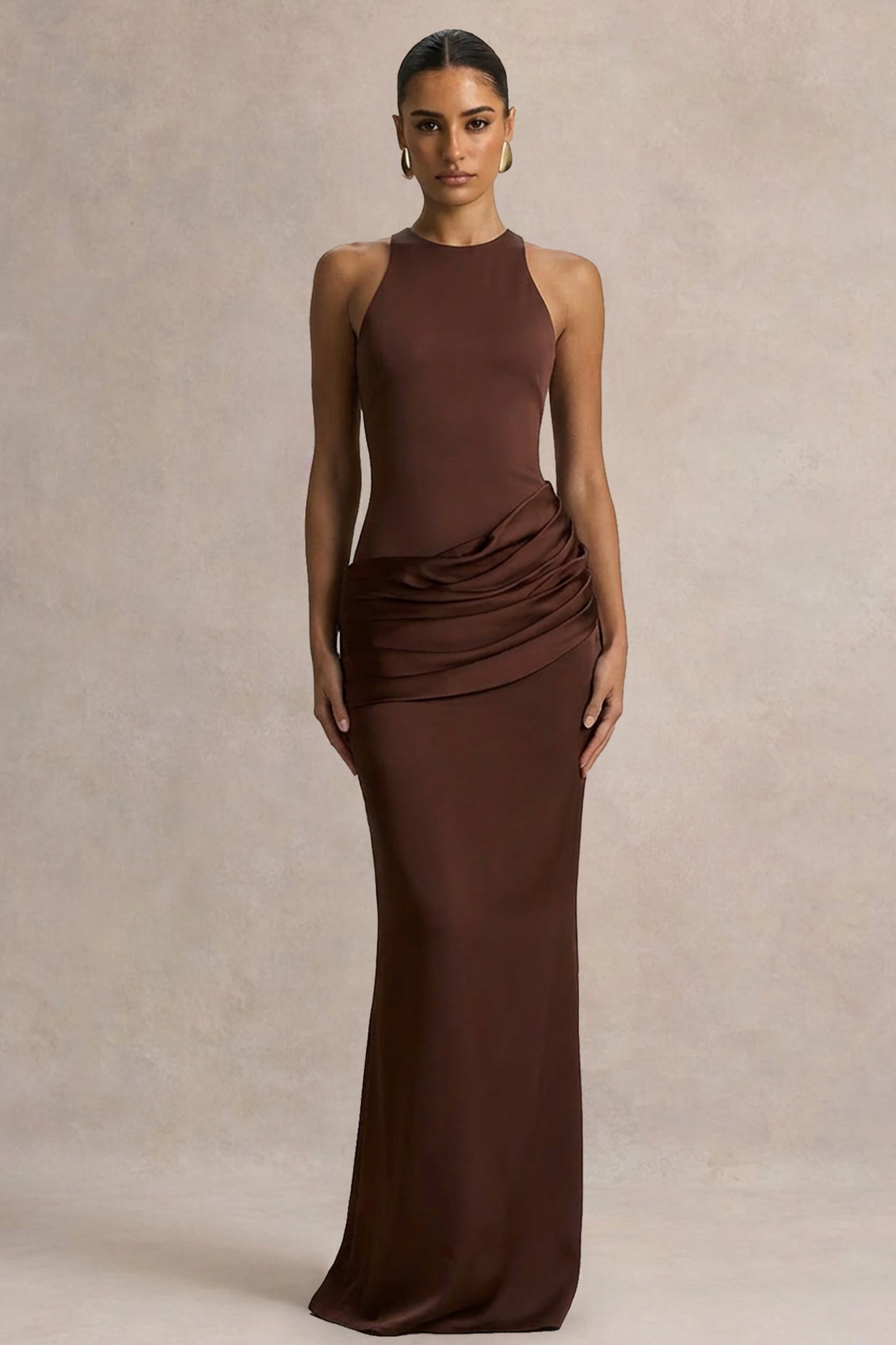 Akari | Brown Crew-Neck Maxi Dress With Satin Skirt