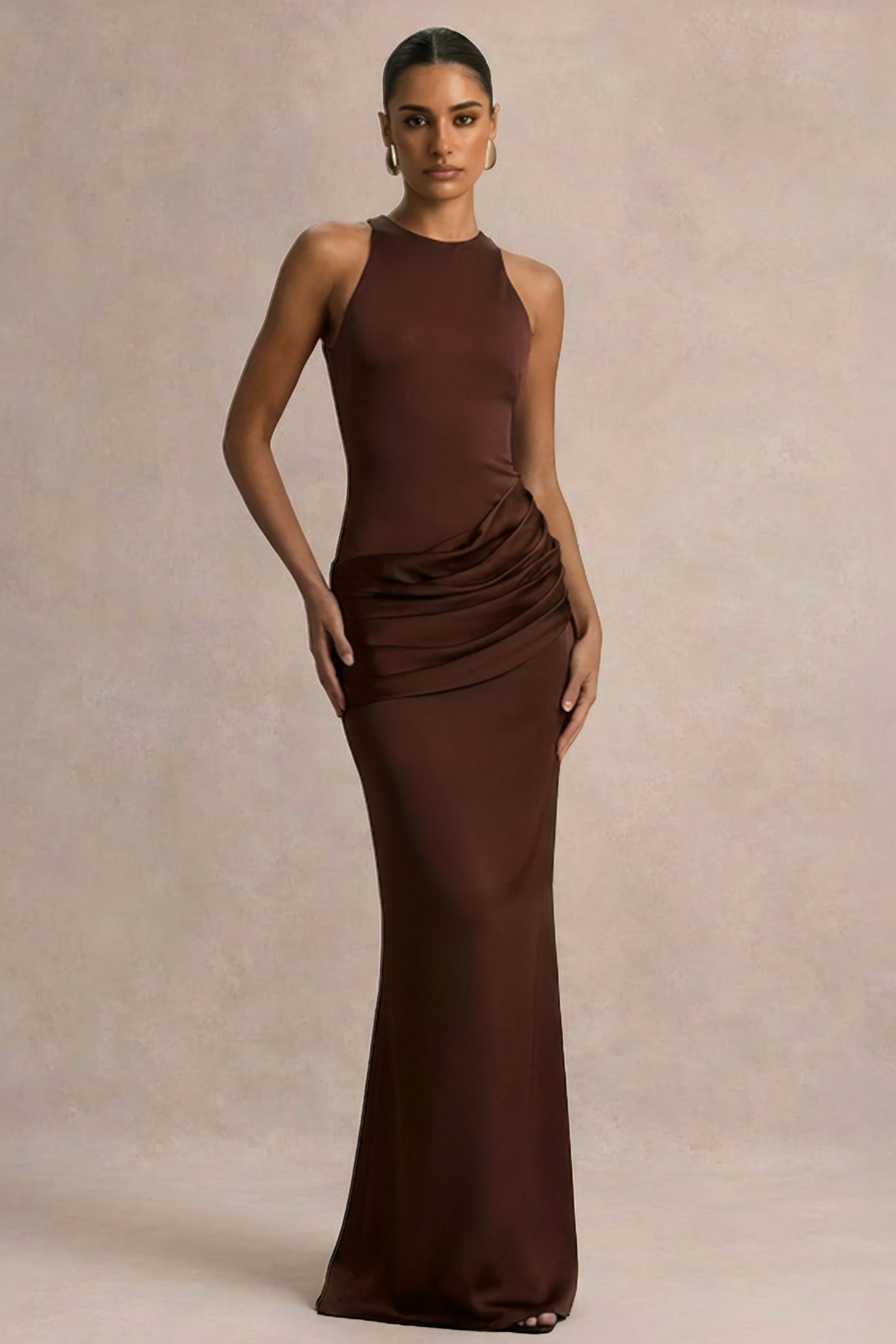 Akari | Brown Crew-Neck Maxi Dress With Satin Skirt