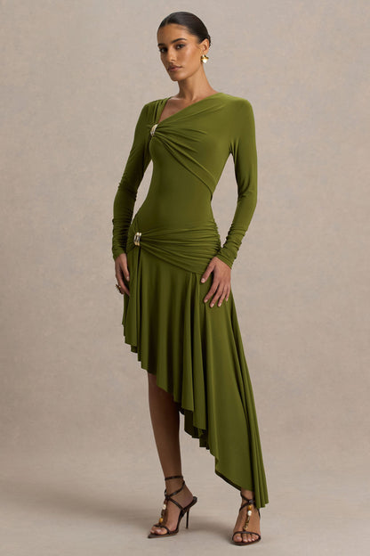 Alexia | Green Asymmetric-Neck Maxi Dress With Gold-Details