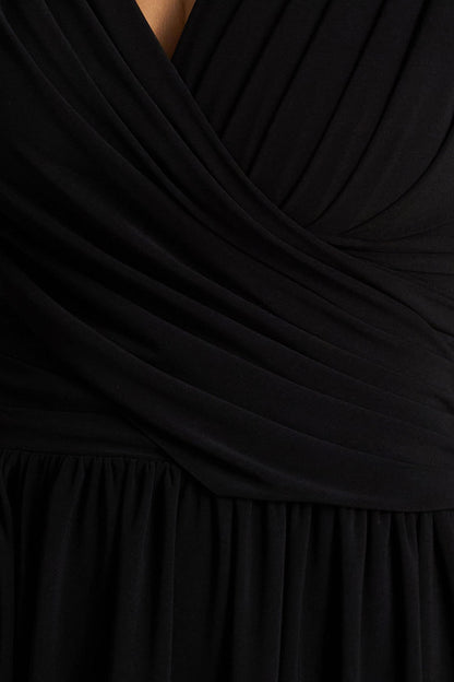 Alexis | Black Plunge-Neck Midi Dress With Draped And Ruched Detailing