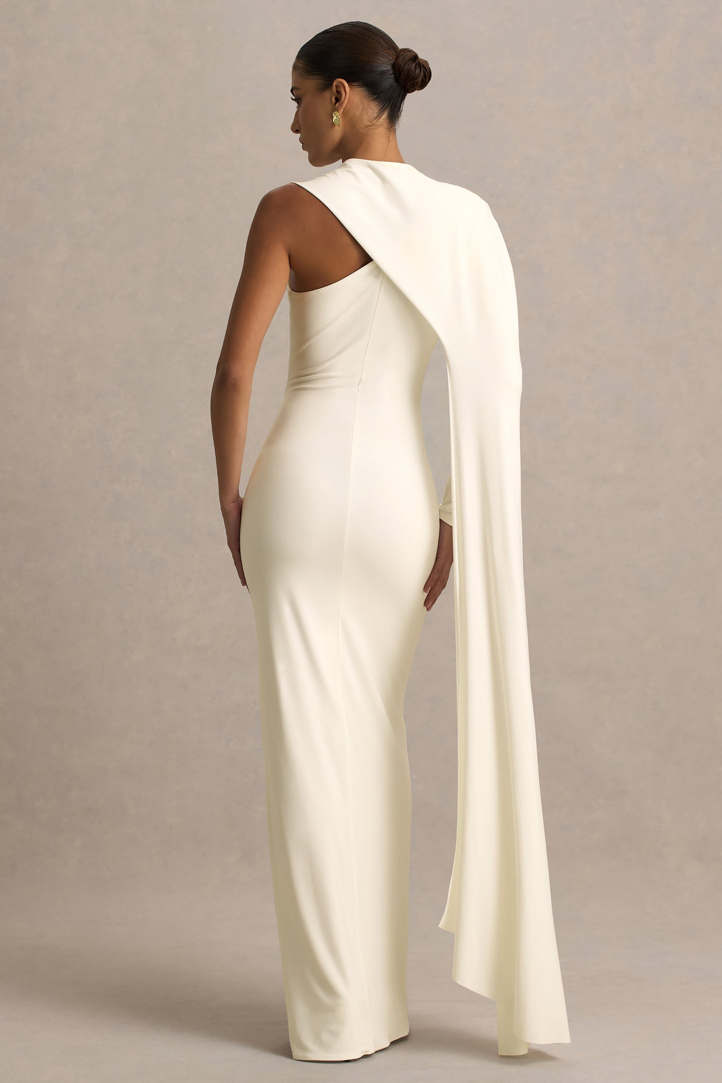 Dawn | Cream High-Neck Maxi Dress With One Long Cape-Sleeve