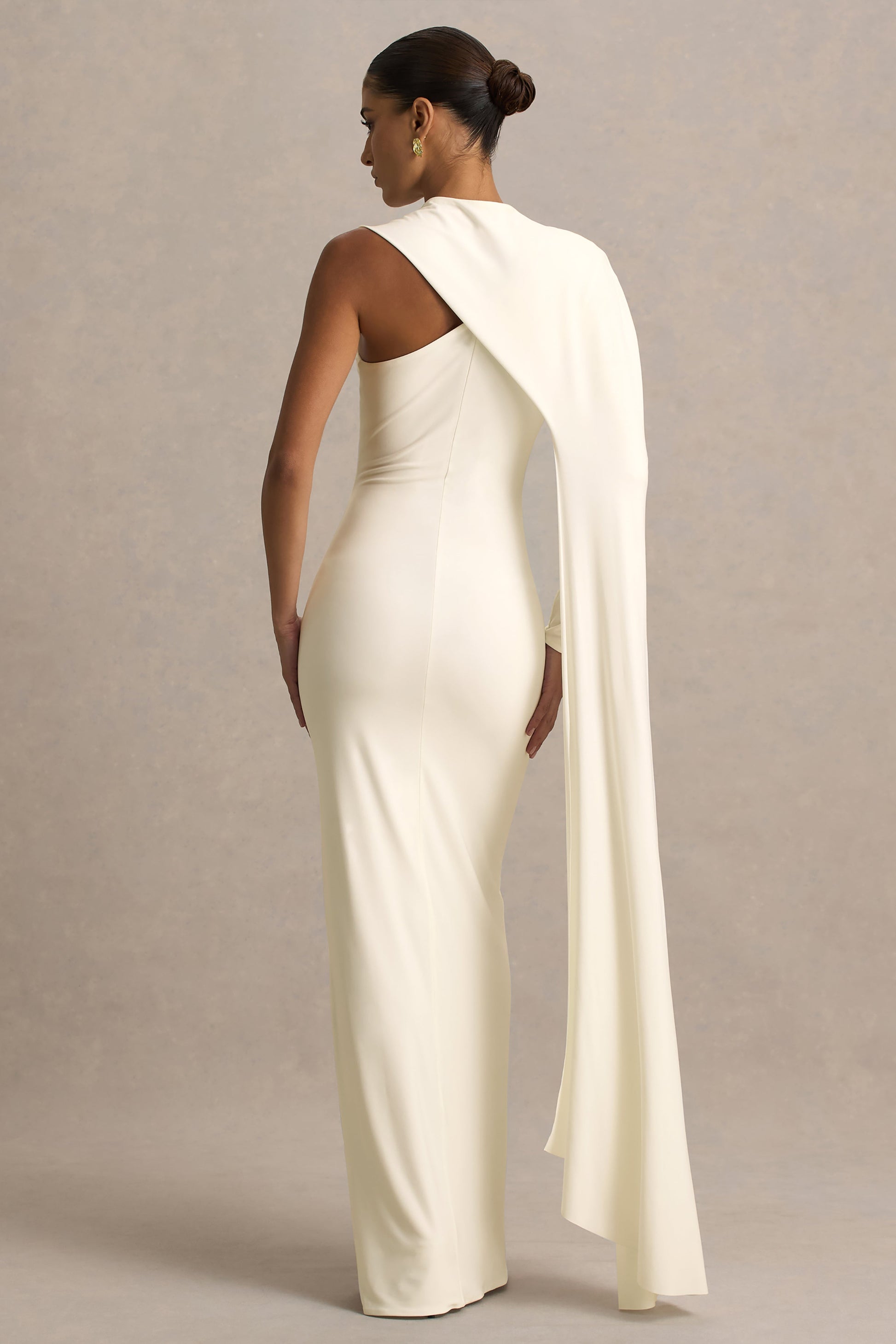 Dawn | Cream High-Neck Maxi Dress With One Long Cape-Sleeve