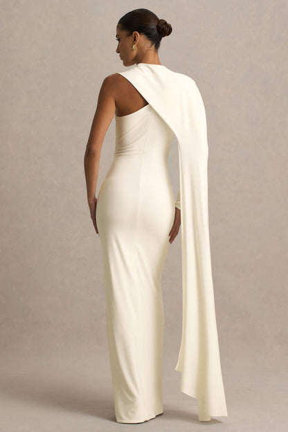 Dawn | Cream High-Neck Maxi Dress With One Long Cape-Sleeve