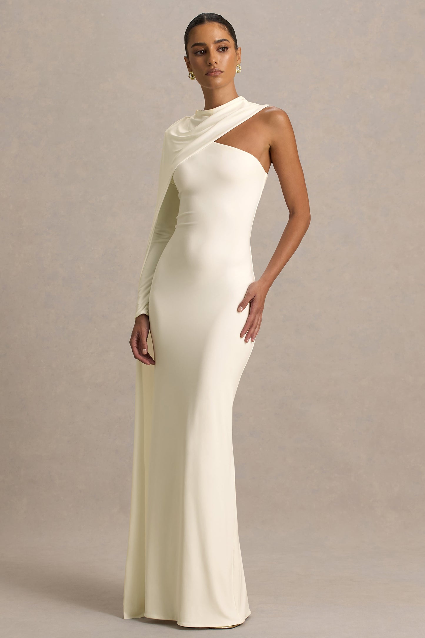 Dawn | Cream High-Neck Maxi Dress With One Long Cape-Sleeve