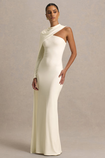 Dawn | Cream High-Neck Maxi Dress With One Long Cape-Sleeve