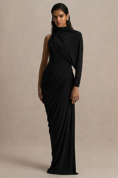 Aphra | Black High-Neck Maxi Dress With Cape-Sleeve