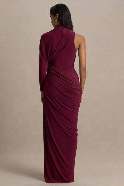 Aphra | Burgundy High-Neck Maxi Dress With Cape-Sleeve